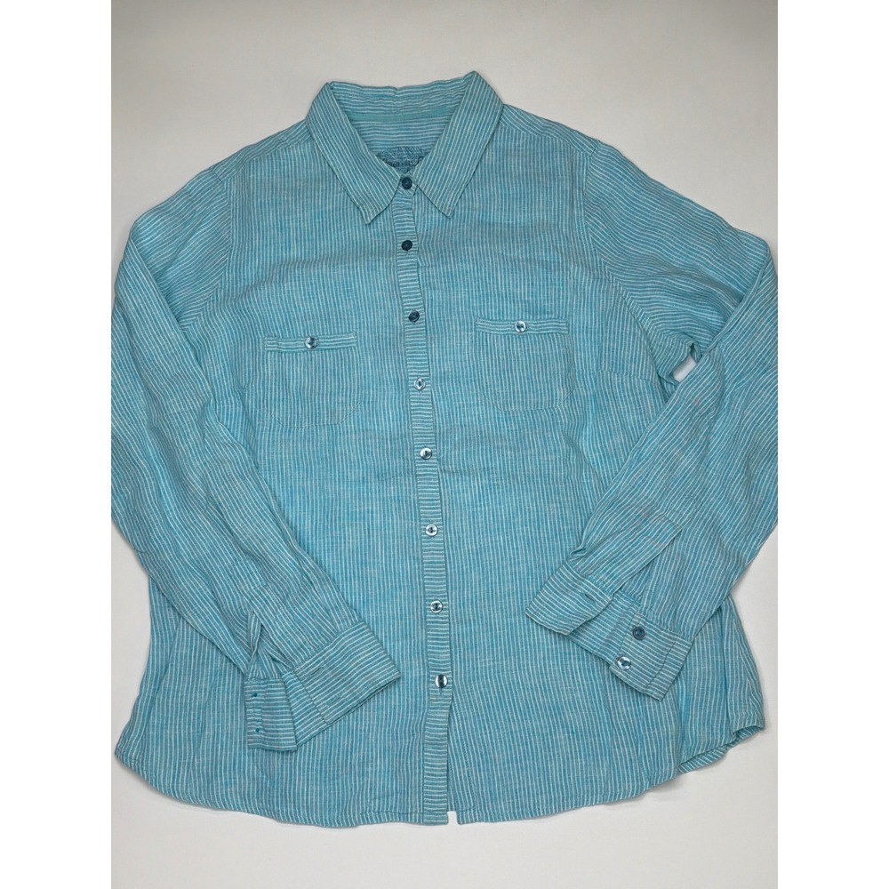 Marks and Spencer Aqua Blue Stripe Linen Blend Button Up Shirt‎ Women's UK 18